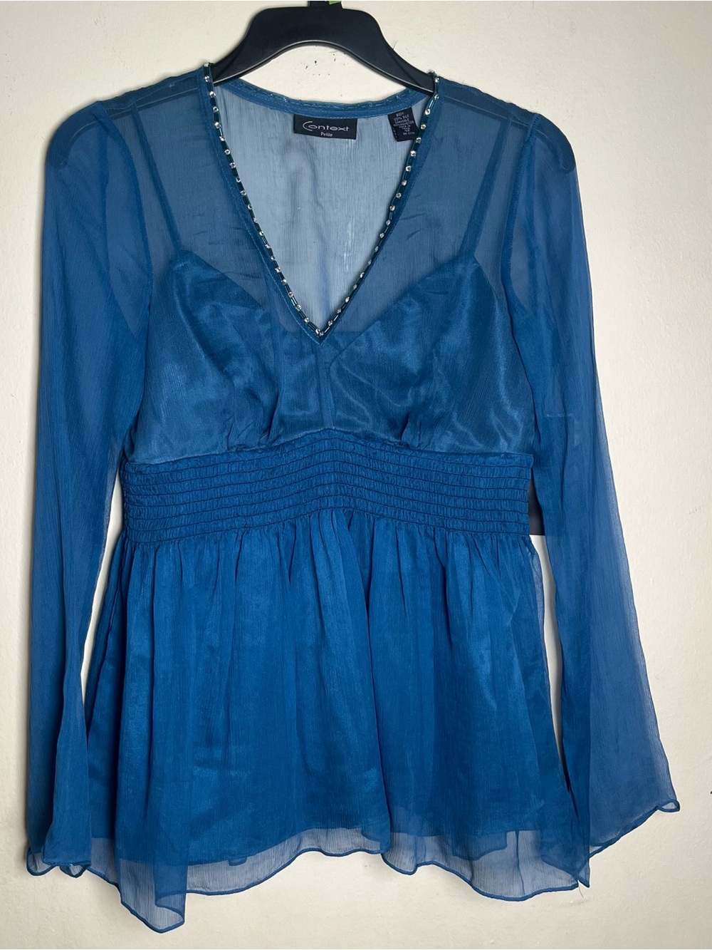 Teal V-Neck Smocked-Waist Sheer Blouse